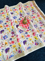 Linen Saree with Gold Jari Border & Digital Print | With Blouse image 1