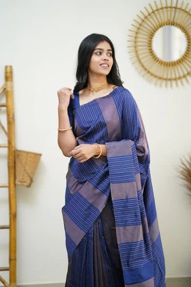 Soft Lichi Silk Saree with Rich Pallu & All Over Jacquard Work - Navy Blue image