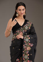SARIKA Soft Crunchy Silk Saree with Elegant Multi-Thread Work & Piping Lace Border - Black image