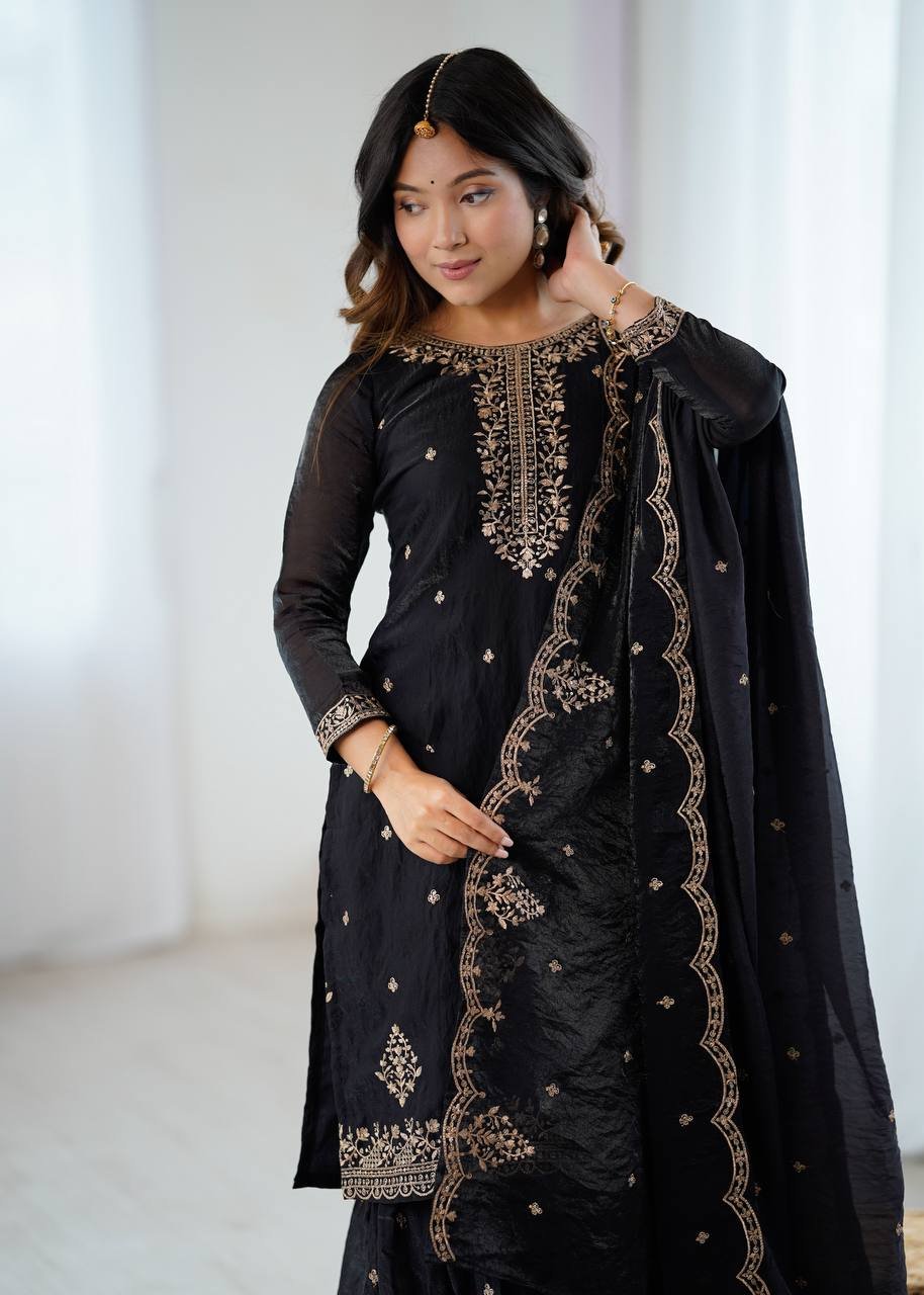 Designer Kediya Kurta & Sharara Set in Soft Crunchy Silk with Embroidery, Jari & Sequin Work image 4