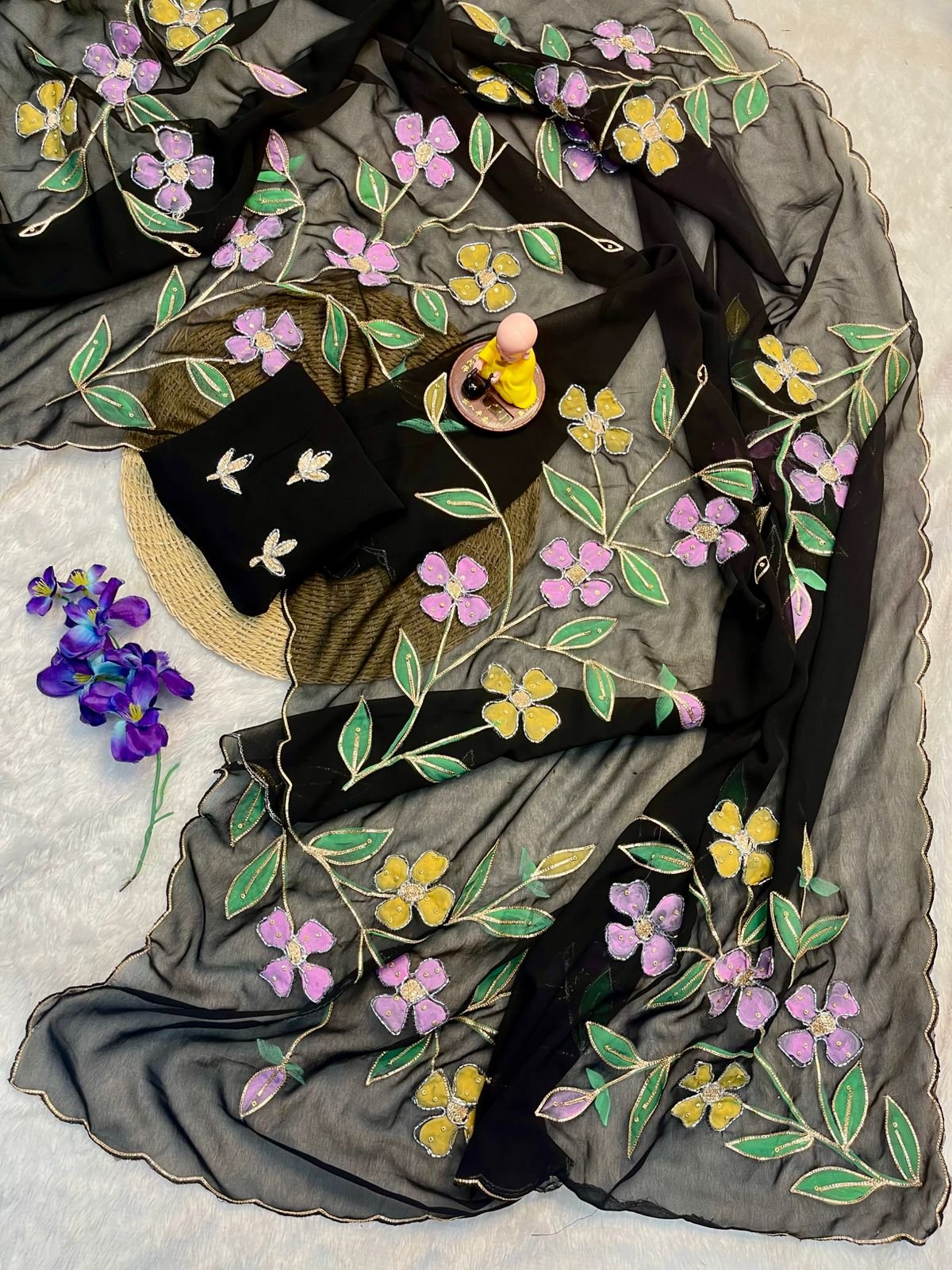 Vanshi Blooming Georgette Saree with Floral Brush Print, Handwork & Khatli Border image 1