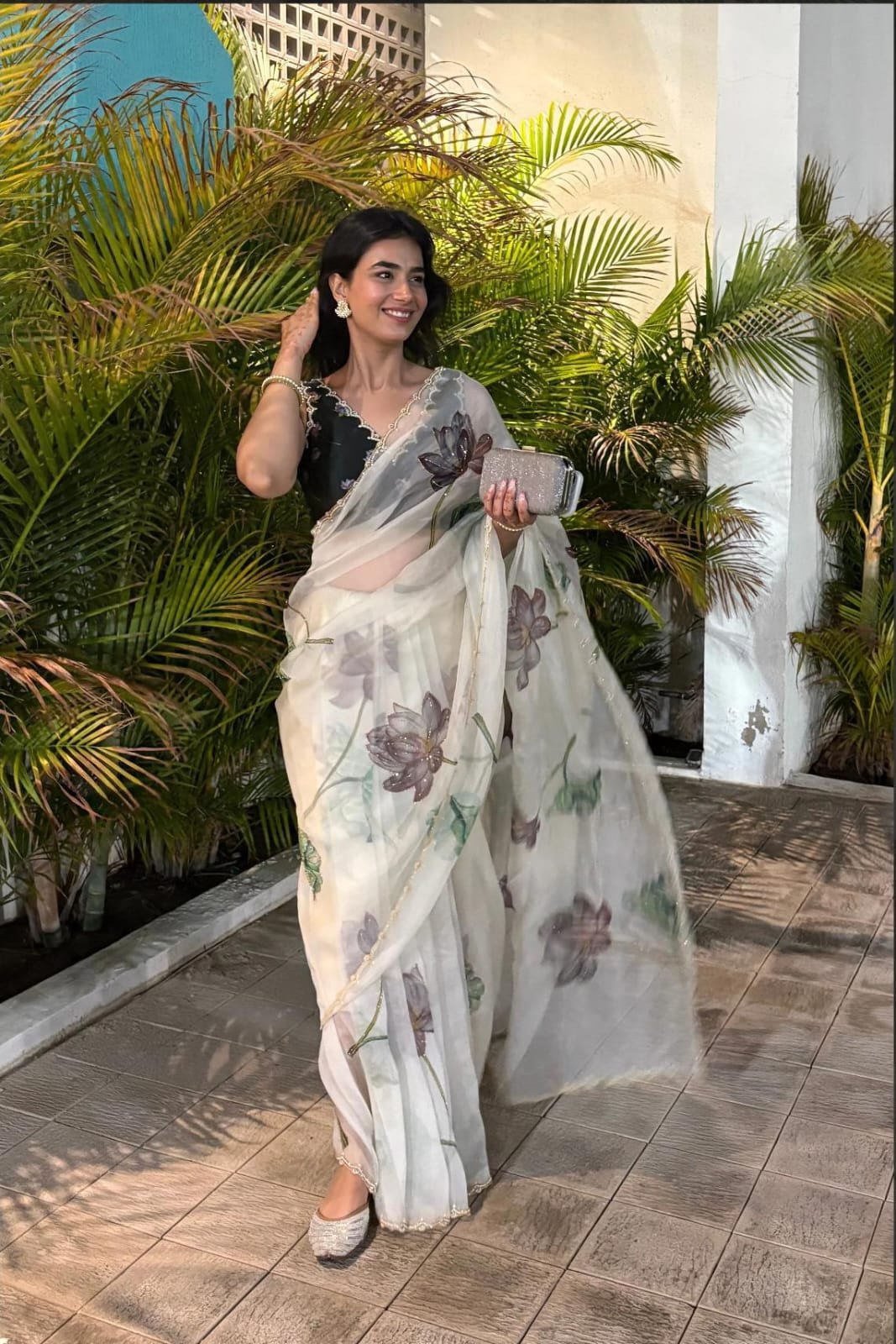 Maskat Pure Soft Tebby Silk Saree with Digital Floral Print & Hand Cutdana-Moti Work image 0