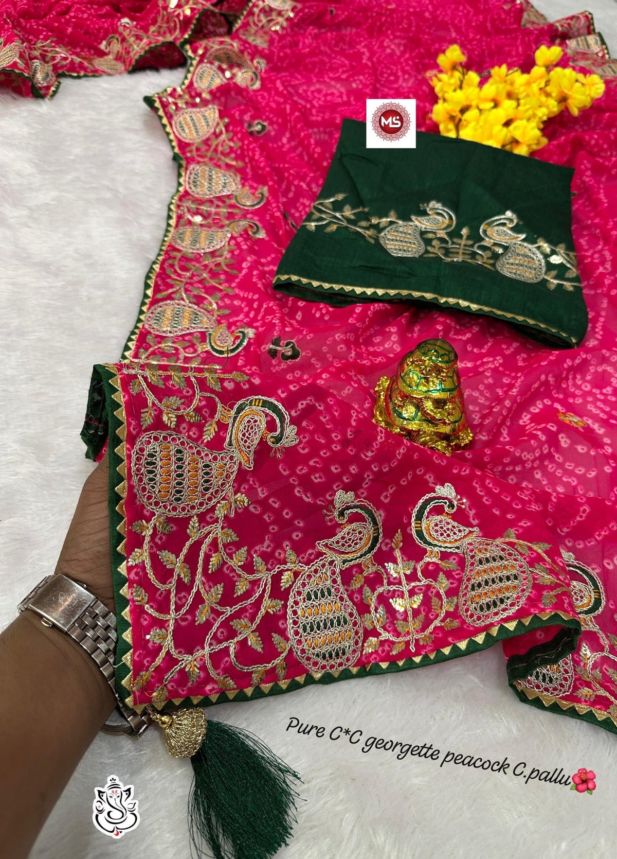 Exclusive Pure Georgette C*C Saree with Gotapatti Codding & Peacock Pallu Design image 0