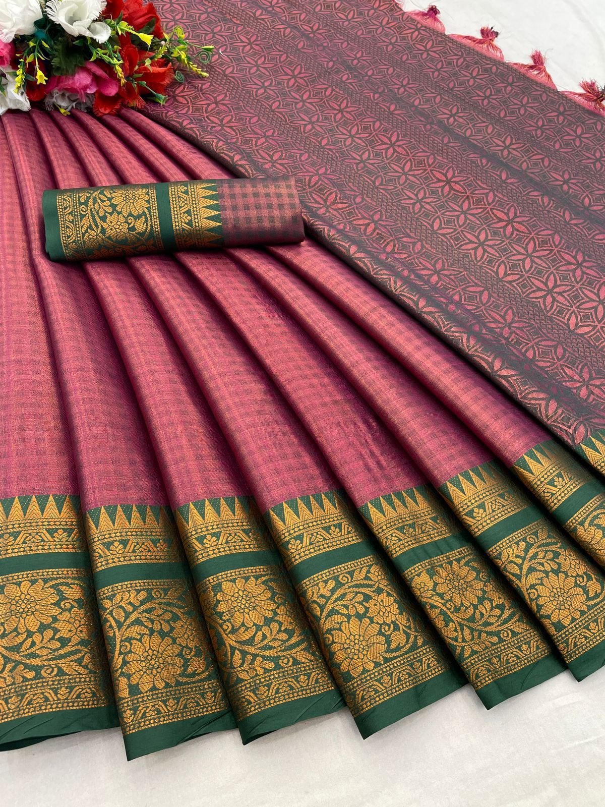 KHANGULAB - Pure Mercerised Copper Silk Saree with Contrast Border & Pallu image 4