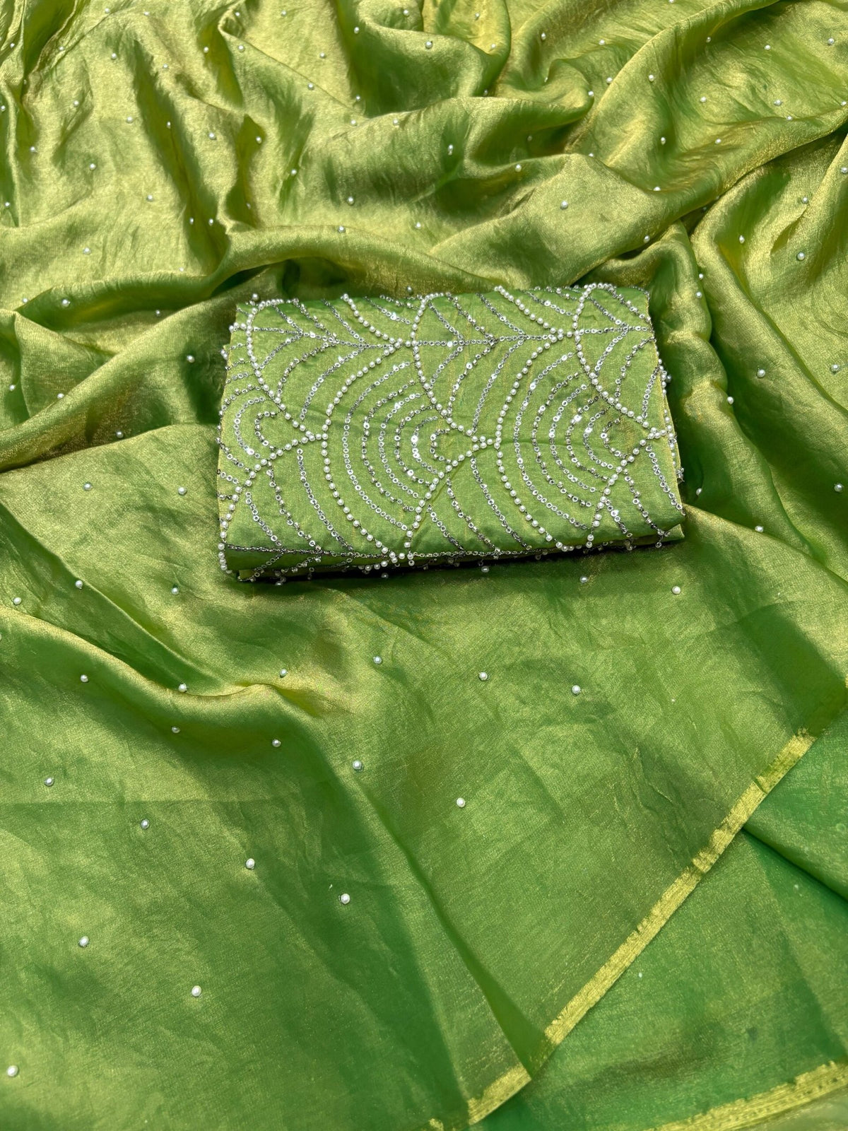 Elegant Space Silk Saree with Moti Work & Full Heavy Bits Work Blouse image 1