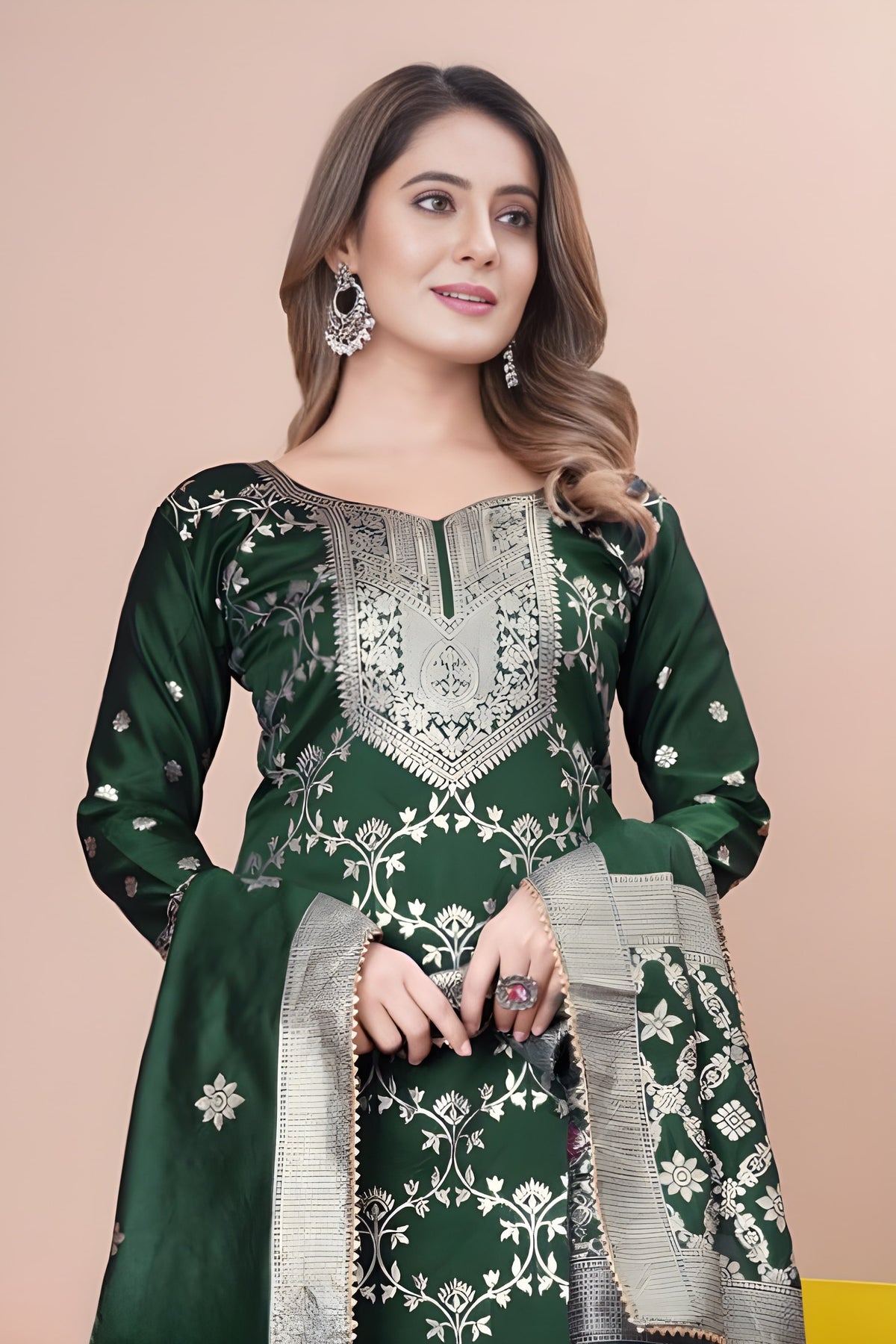 Zara Wine Jacquard Kurti with Pant & Dupatta Set | Free Size | Super Heavy Premium Quality