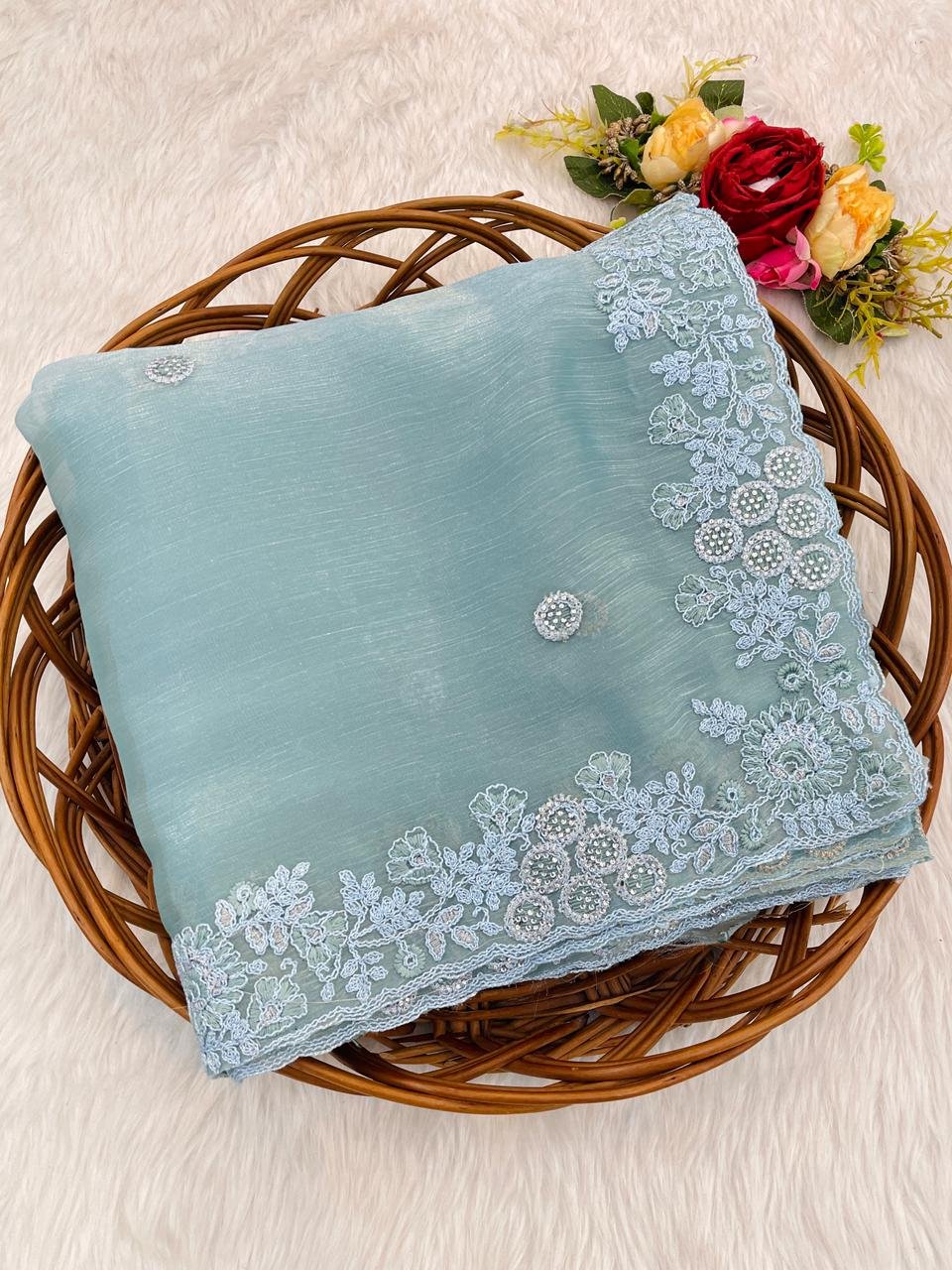 Lotus-13 Jimmy Choo Saree with All-Over Coding Embroidery & Jarkan Diamond Work | Matching Embroidered Blouse | Designer Party Wear - Pastel Sky Blue image