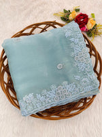 Lotus-13 Jimmy Choo Saree with All-Over Coding Embroidery & Jarkan Diamond Work | Matching Embroidered Blouse | Designer Party Wear - Pastel Sky Blue image