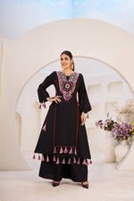 Elegant Reyon Kurti with Palazzo – Thread & Raal Mirror Work with Tassels - Black, M image