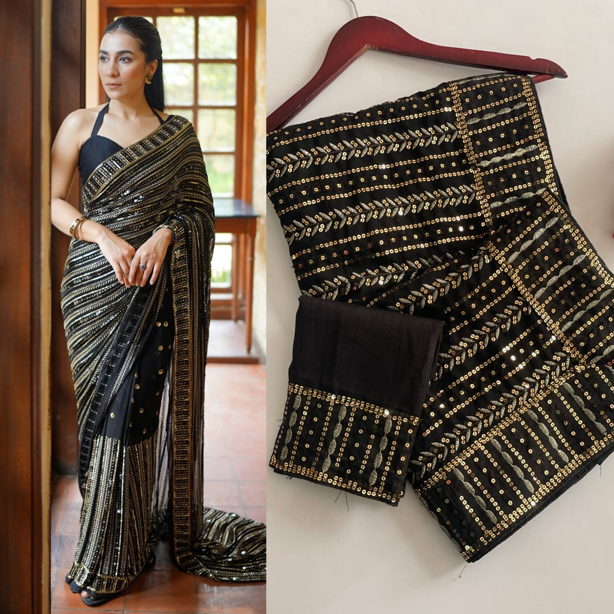 New Bollywood Blockbuster Sequin Saree in Faux Georgette - Black image