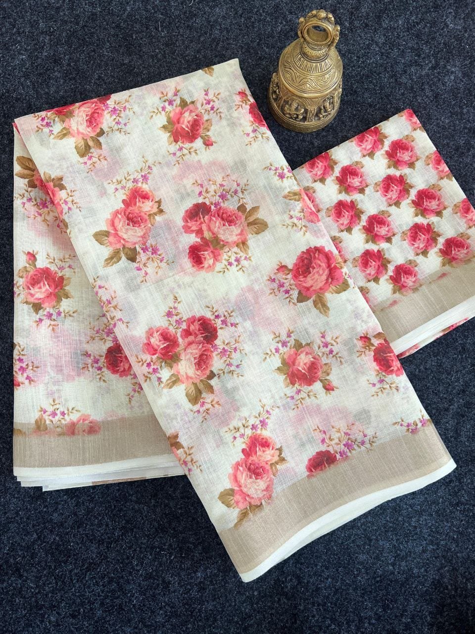 Lightweight Linen Saree with Golden Zari Edges & Colorful Botanical Digital Print | With Blouse image 0