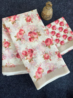 Lightweight Linen Saree with Golden Zari Edges & Colorful Botanical Digital Print | With Blouse image 0