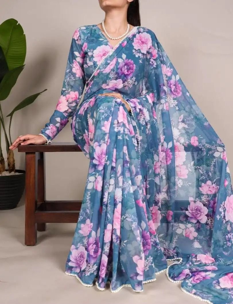 Floral Weightless Marbal Saree with Pearl Lace Border image 9