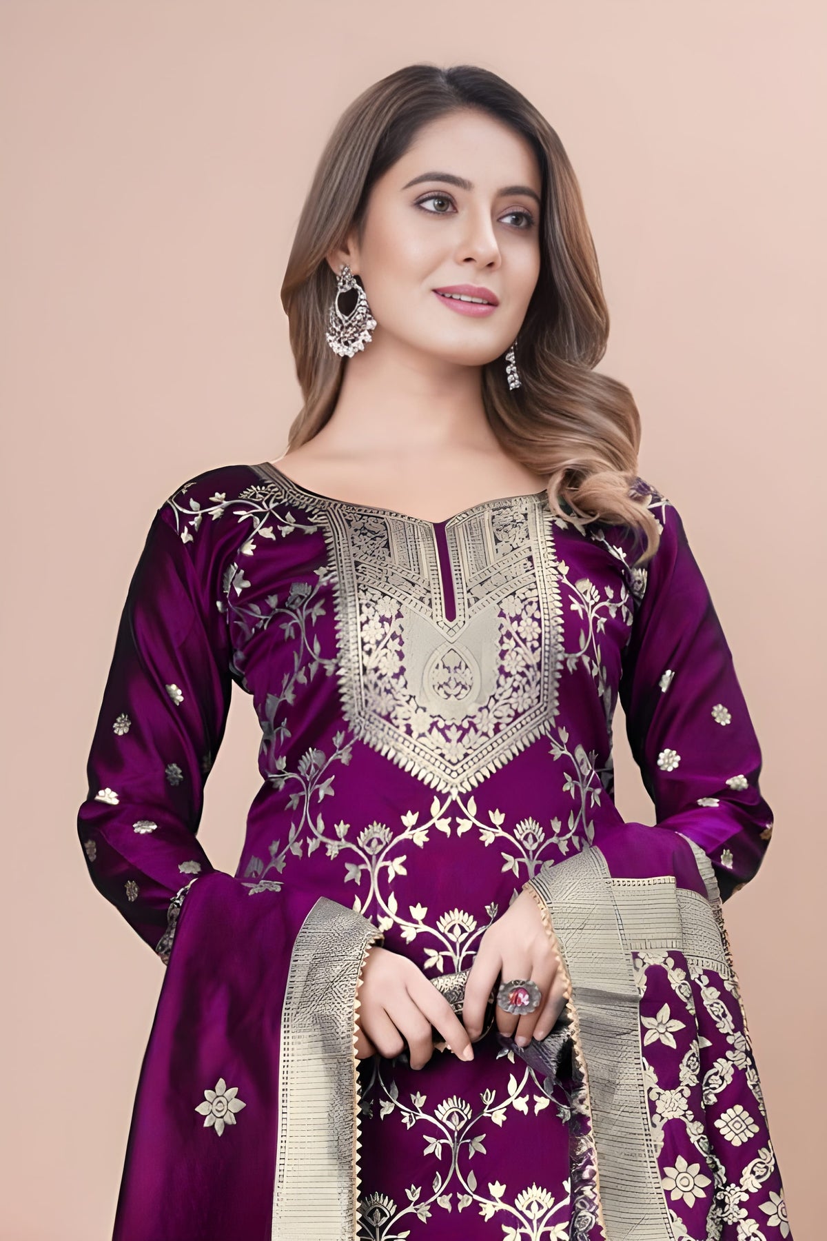 Zara Wine Jacquard Kurti with Pant & Dupatta Set | Free Size | Super Heavy Premium Quality