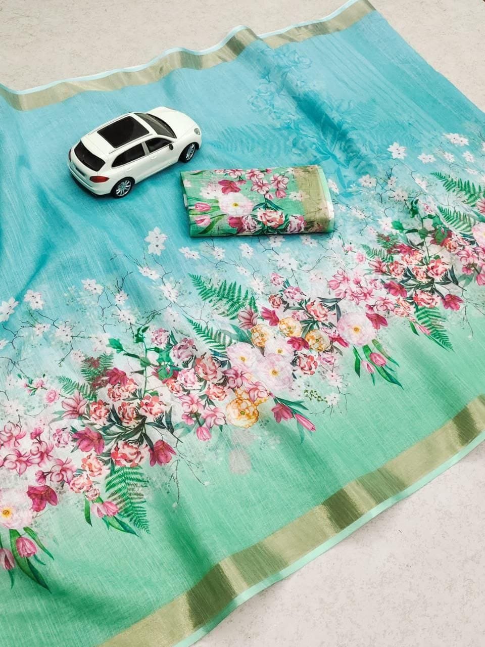 Elegant Linen Saree with Gold Jari Patta & All-Over Digital Print | With Matching Blouse image 8