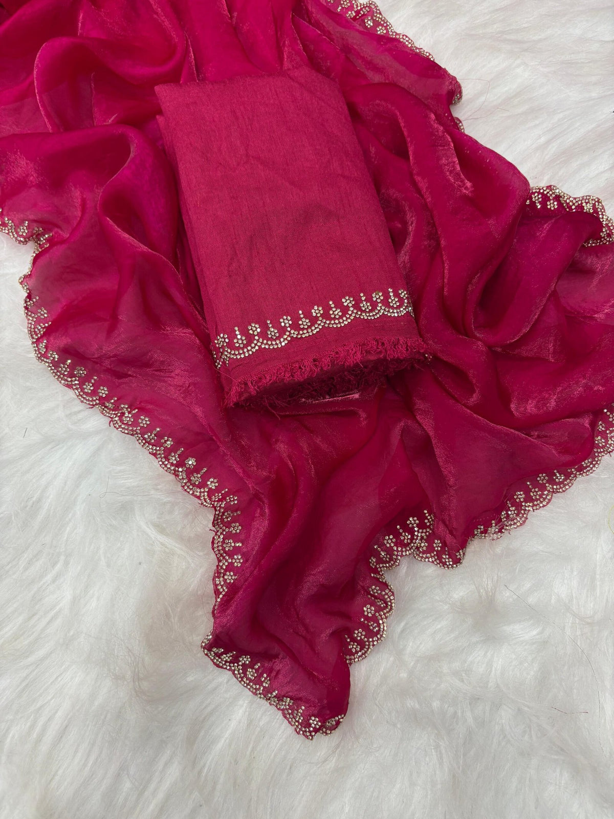 Stunning Pink Satin Space Silk Saree with Original Jarkhan Diamond Work – Perfect for Sangeet & Cocktail Nights image 22