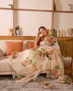 Pure Tebby Silk Saree with Floral Prints & Heavy Khatli Moti Border image 1