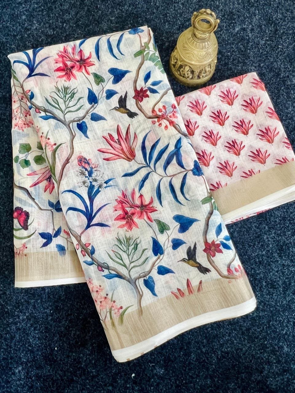 Linen Saree with Elegant Zari Border & Vibrant Digital Print | With Blouse image 0