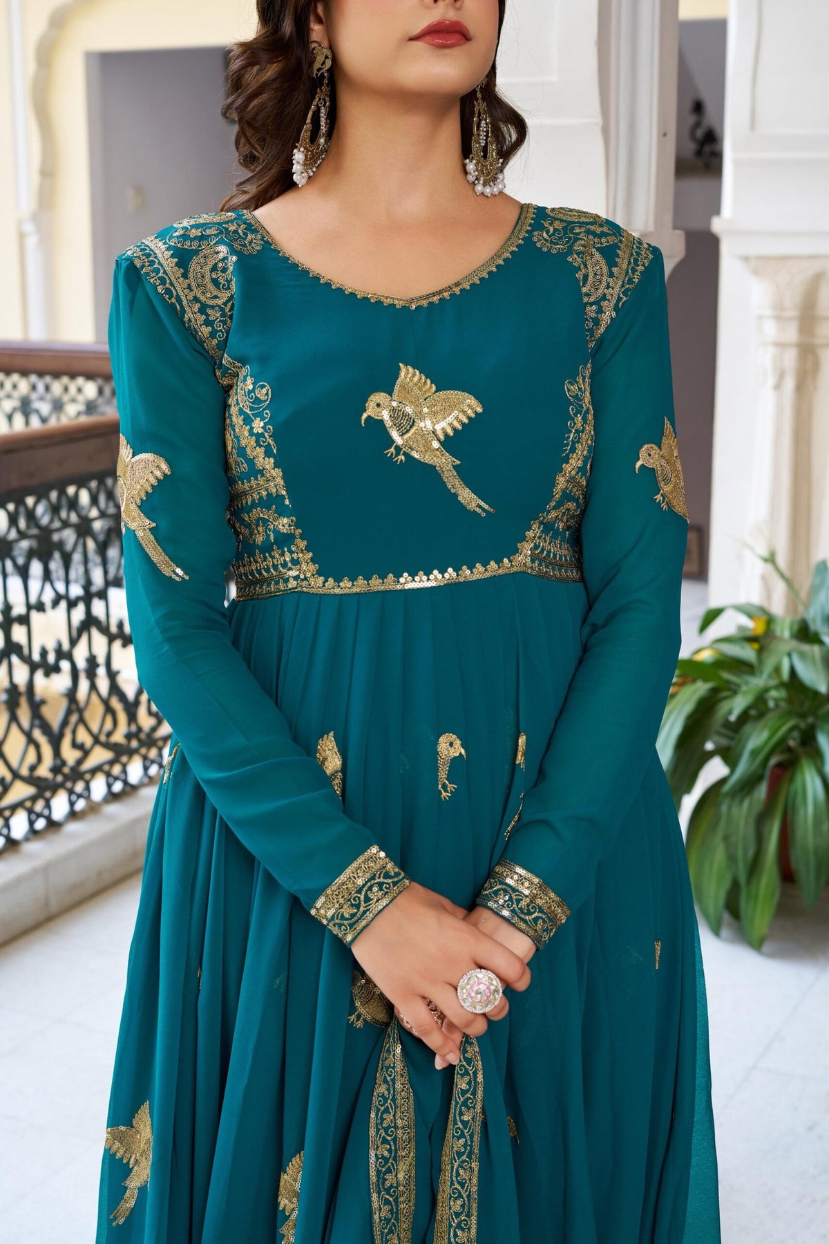 Elegant 3-Piece Faux Georgette Gown Set – Sequins Embellished Gown, Pent & Dupatta image 5