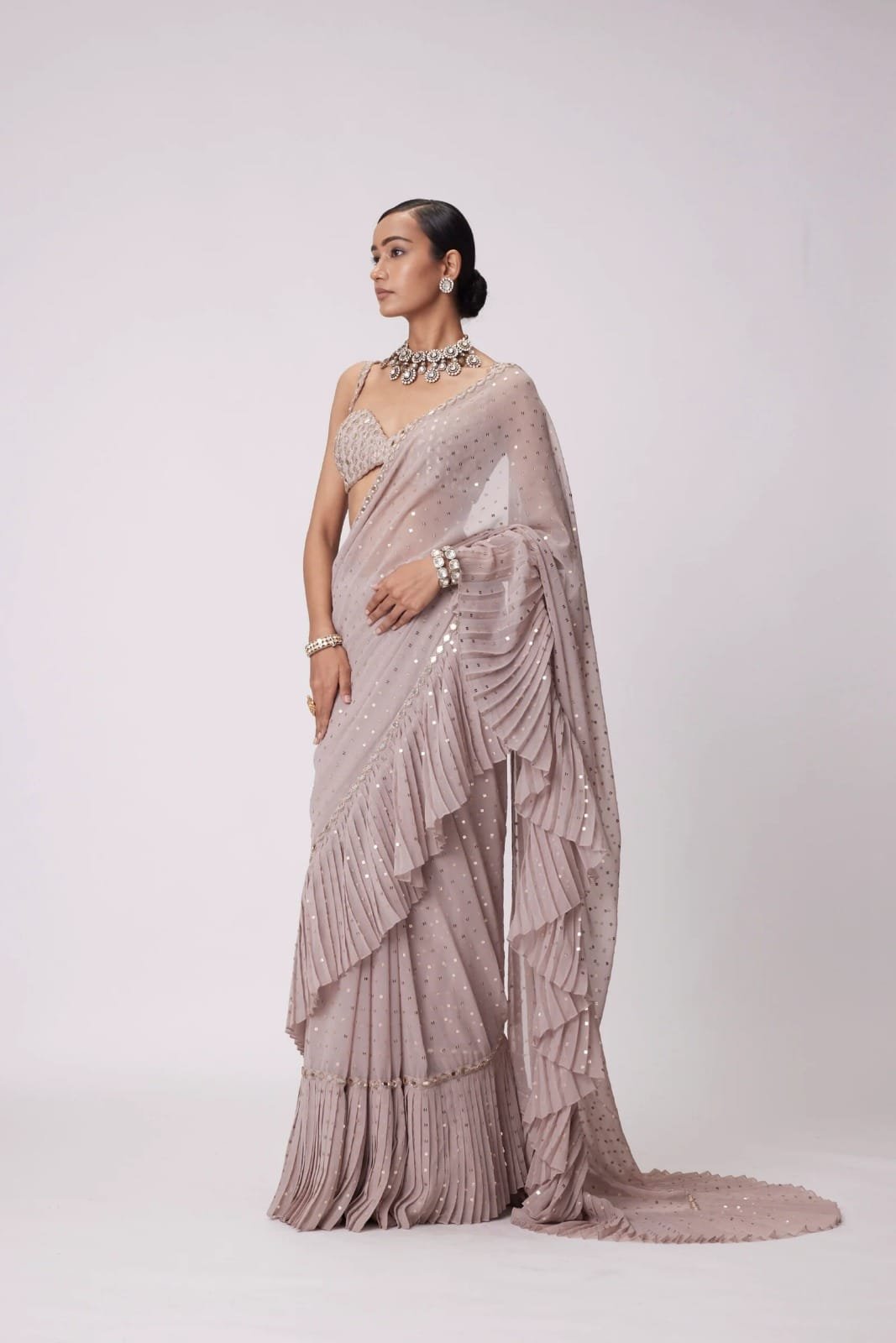 New Bollywood Superhit Faux Georgette Sequin Crush Pleated Saree with Embroidered Mirror Work Blouse image 0