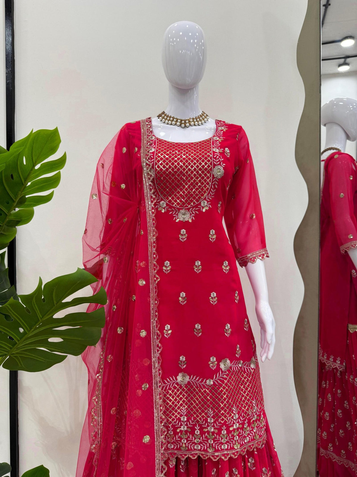 Elegant 3-Piece Foux Gorgette Sharara Set – Sequins Embellished Top, Sharara & Dupatta image 6