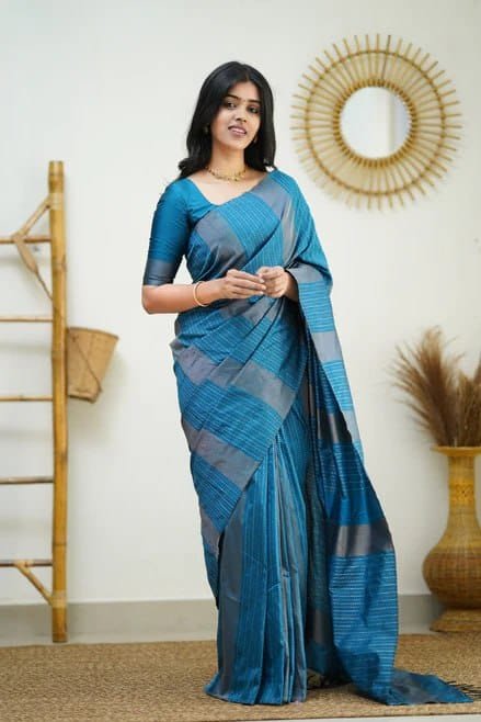 Soft Lichi Silk Saree with Rich Pallu & All Over Jacquard Work - Teal Blue image