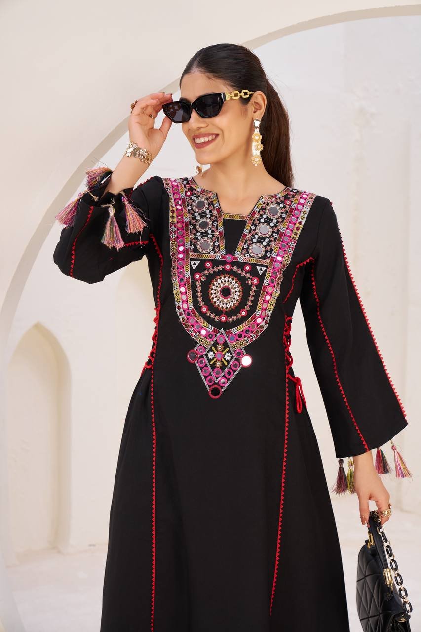 Elegant Reyon Kurti with Palazzo – Thread & Raal Mirror Work with Tassels image 12
