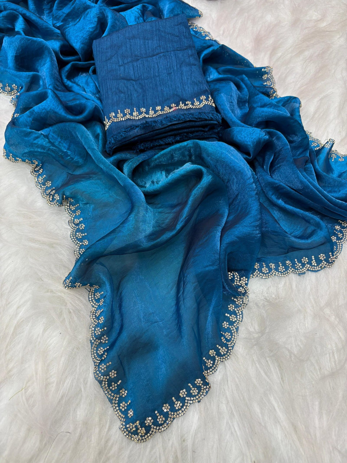 Stunning Pink Satin Space Silk Saree with Original Jarkhan Diamond Work – Perfect for Sangeet & Cocktail Nights image 15