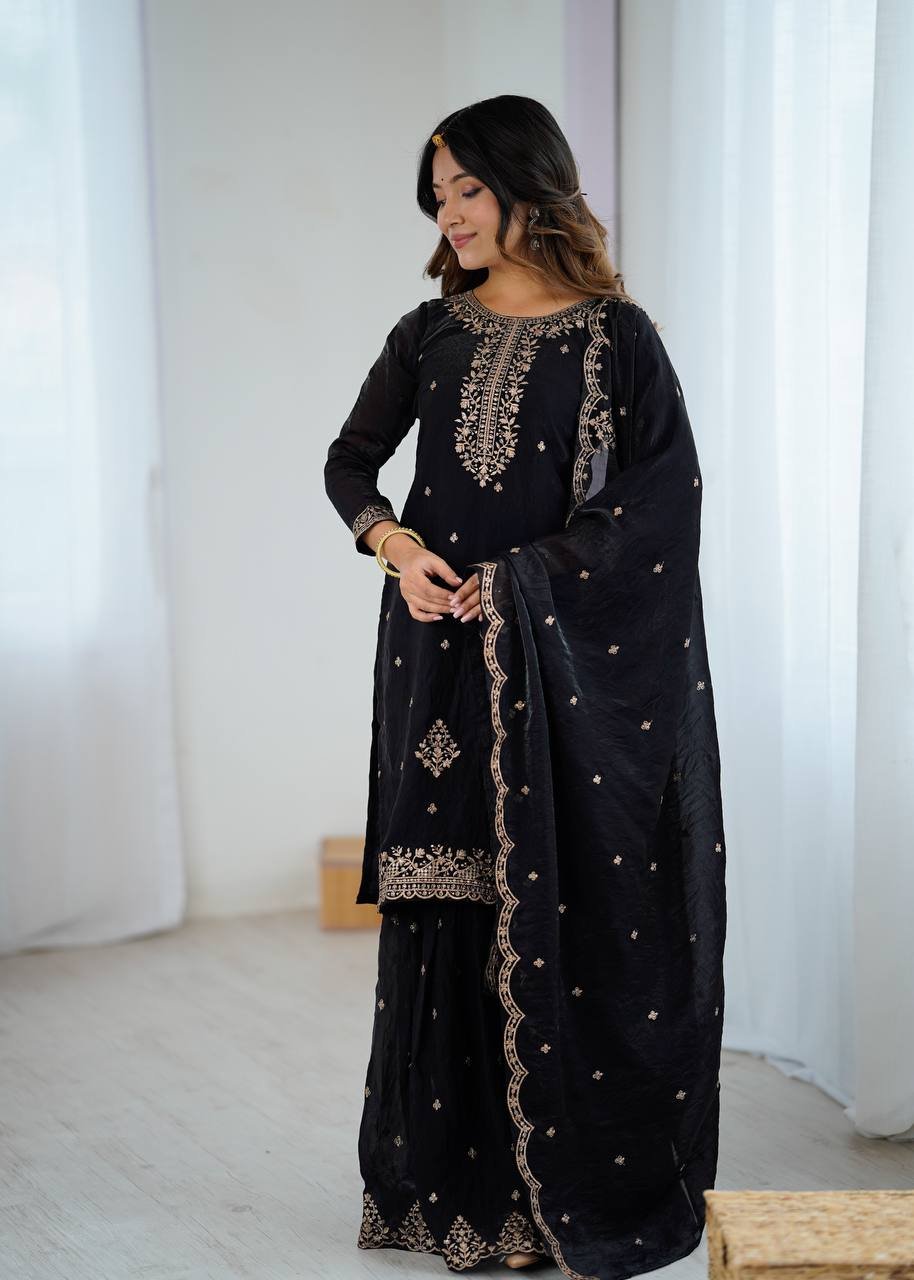 Designer Kediya Kurta & Sharara Set in Soft Crunchy Silk with Embroidery, Jari & Sequin Work image 2