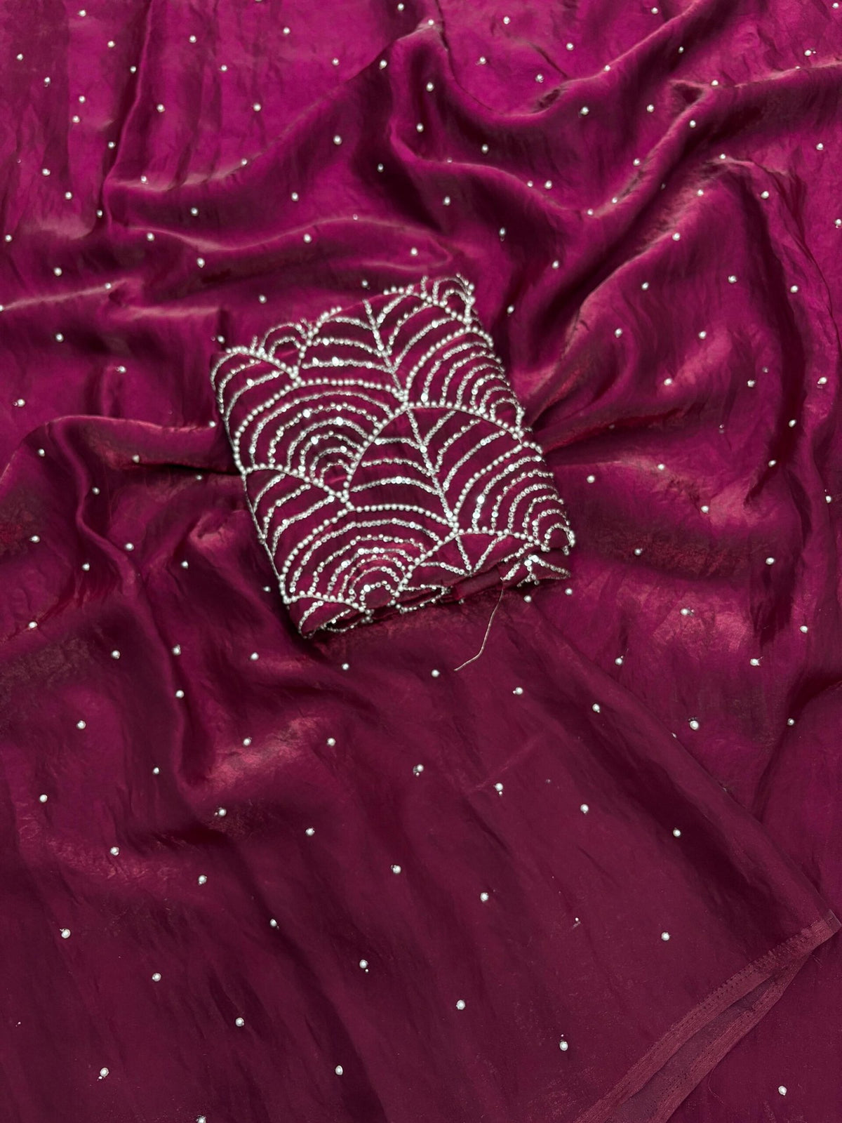 Elegant Space Silk Saree with Moti Work & Full Heavy Bits Work Blouse image 9