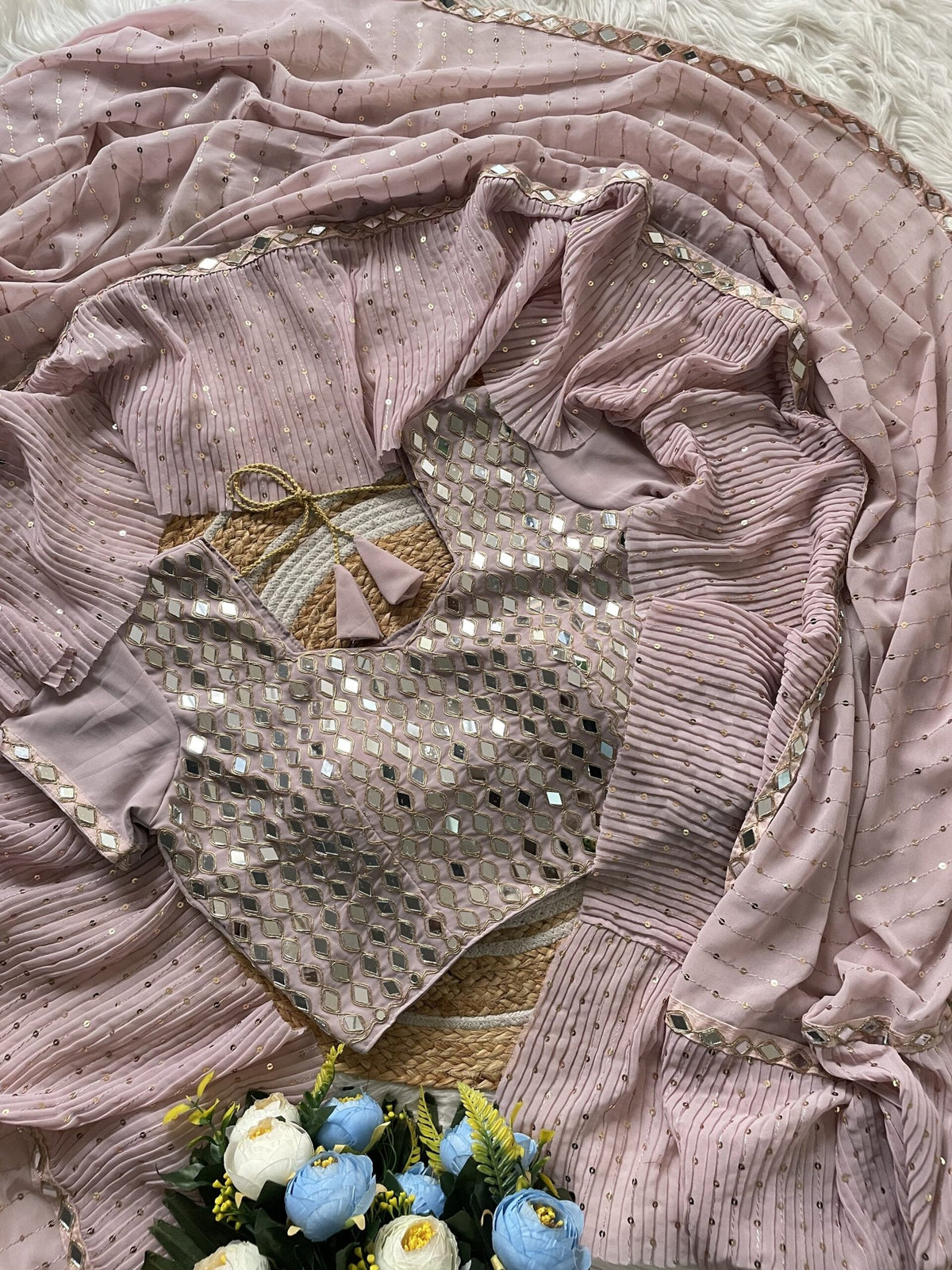 New Bollywood Superhit Faux Georgette Sequin Crush Pleated Saree with Embroidered Mirror Work Blouse image 7