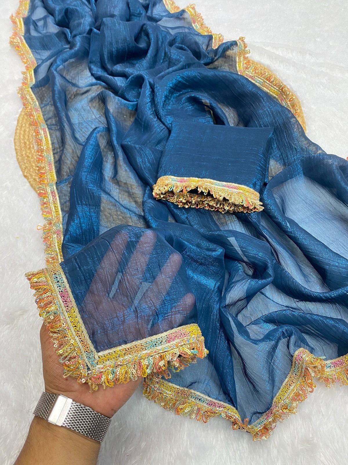 MANALI-Designer Candy Crush Siffon Silk Saree with Elegant Lace Work image 3