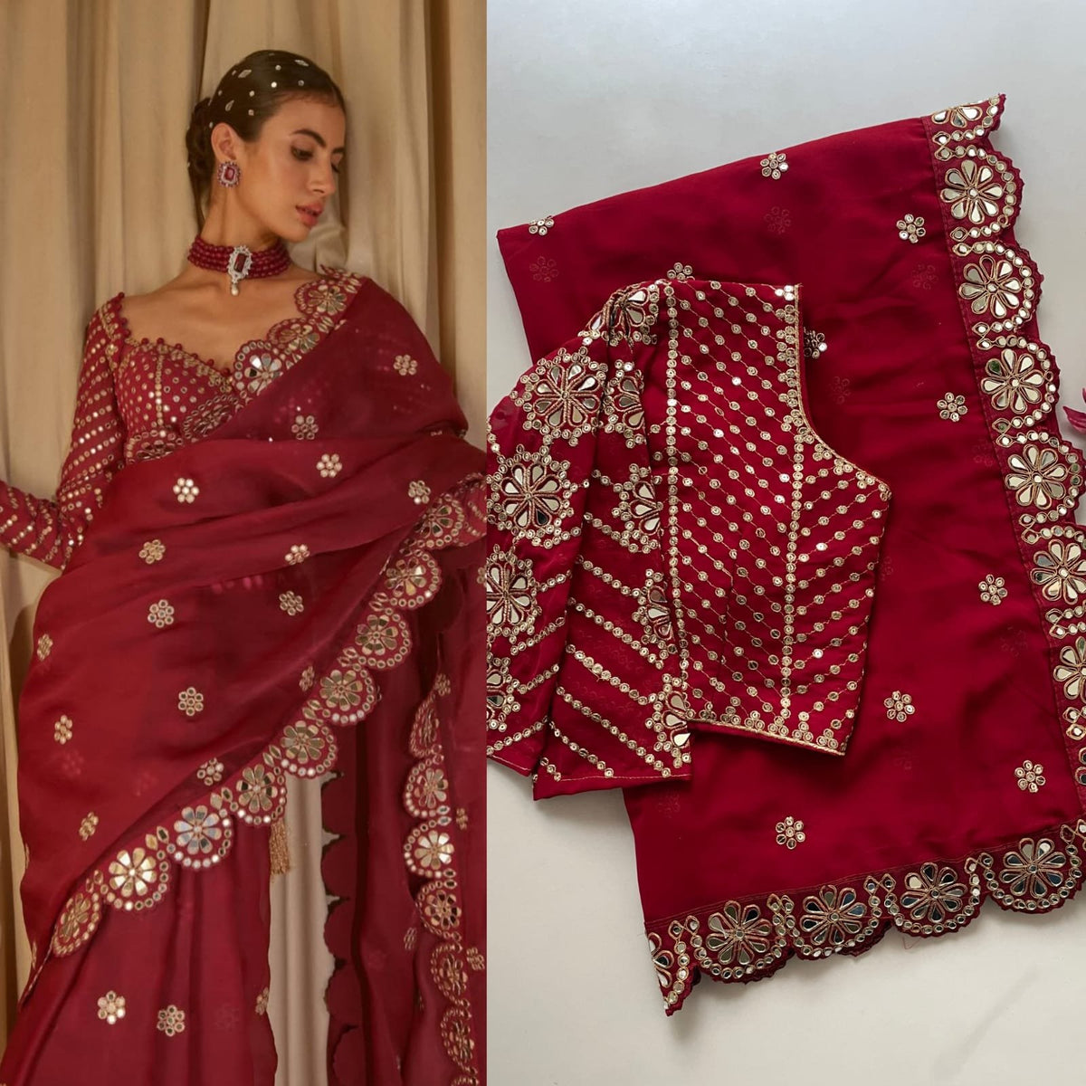 Stitched Faux Georgette Saree with Original Mirror & Multisequins Embroidery Blouse image 2