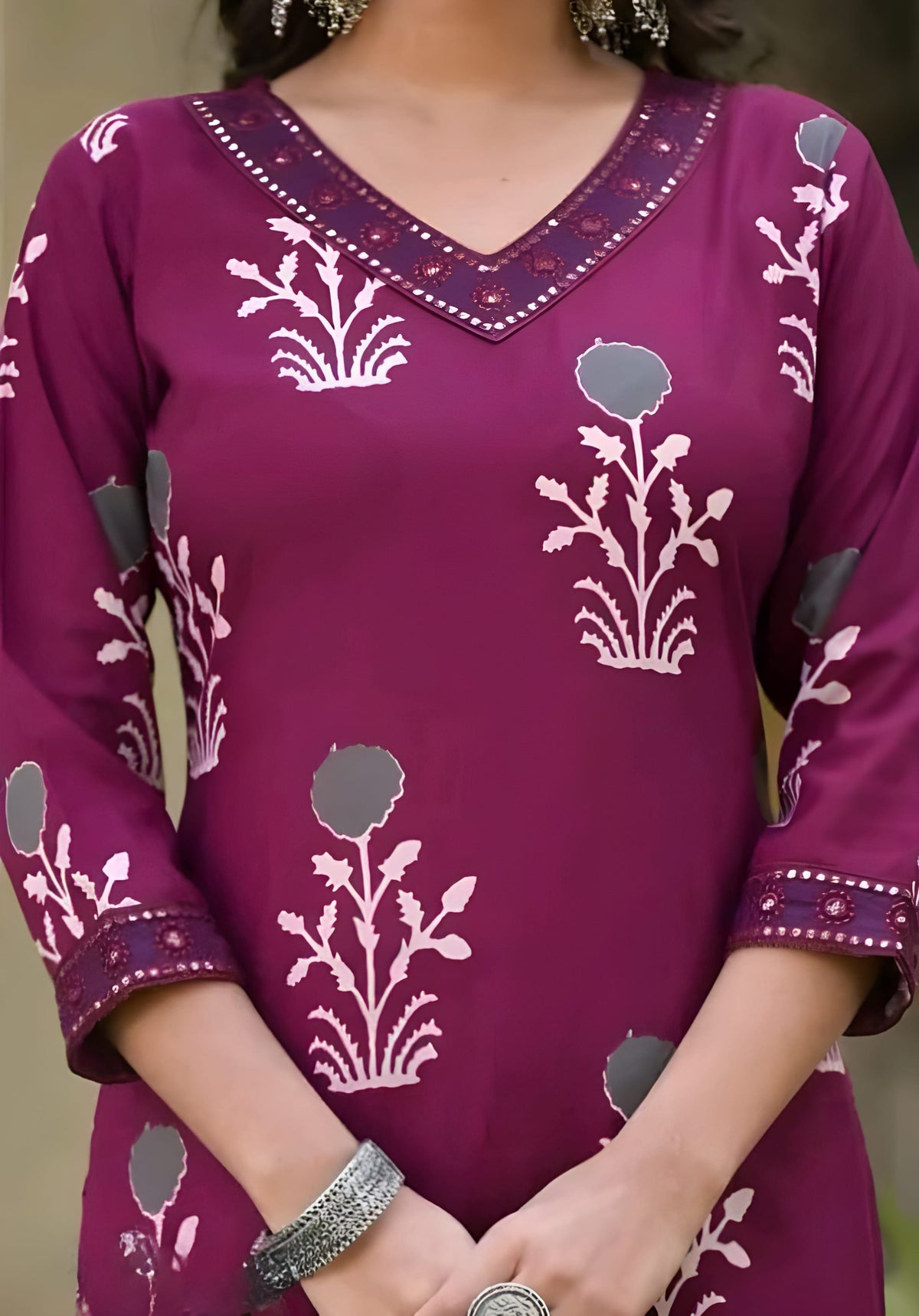 Navya Wine Embroidery Kurti with Pant & Dupatta Set | Biscuit Cotton | Premium Womenโs Festive Wear