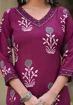 Navya Wine Embroidery Kurti with Pant & Dupatta Set | Biscuit Cotton | Premium Womenโs Festive Wear