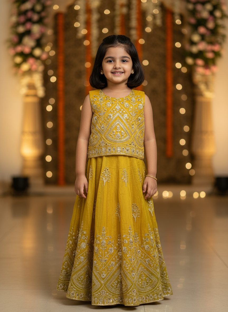 Kids Designer Lahenga Choli – Gold Crush Embroidery Work | Festive & Party Wear