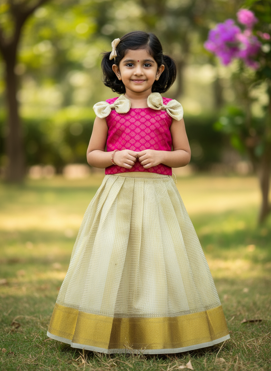 Nayantara Inspired Kids Tissue Silk Lehenga Choli with Jacquard Weaving & Brocade Blouse
