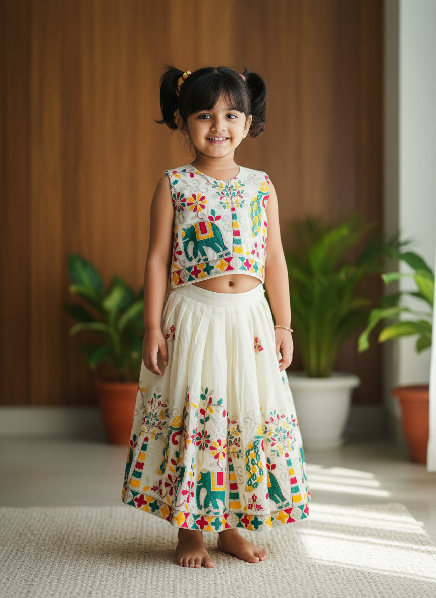 Kids Pure Cotton Silk Lehenga Choli with Border Thread Work | Adjustable Drawstring & Tassels