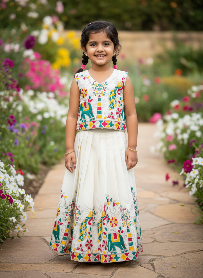 Kids Pure Cotton Silk Lehenga Choli with Border Thread Work | Adjustable Drawstring & Tassels