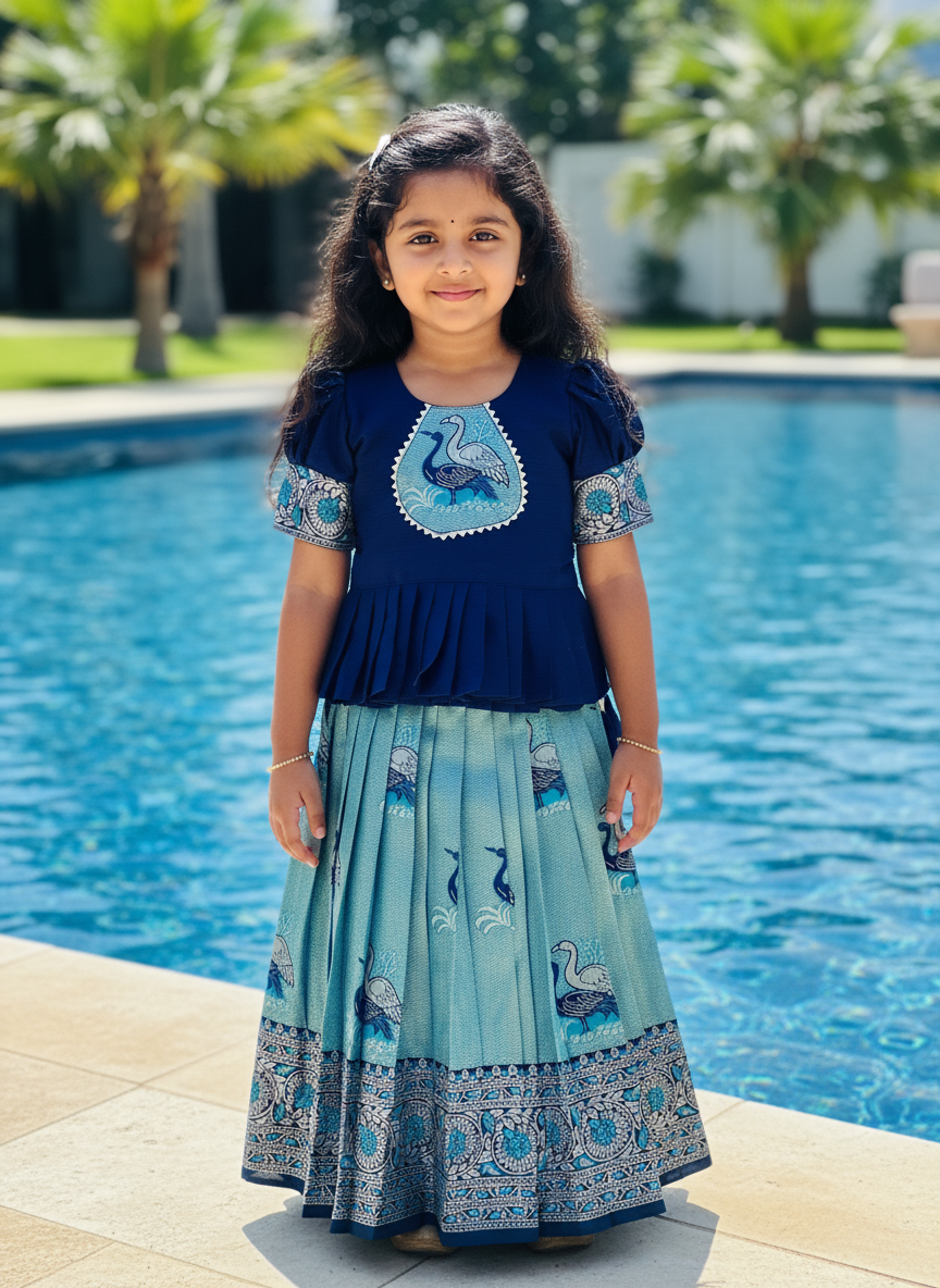 Kids Art Silk Lehenga Choli with Fiesta Weaving Work & Satin Blouse | Adjustable Drawstring