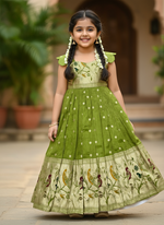 Kids Dola Silk Gown – Zari Weaving with Floral & Peacock Motifs | Festive & Wedding Wear