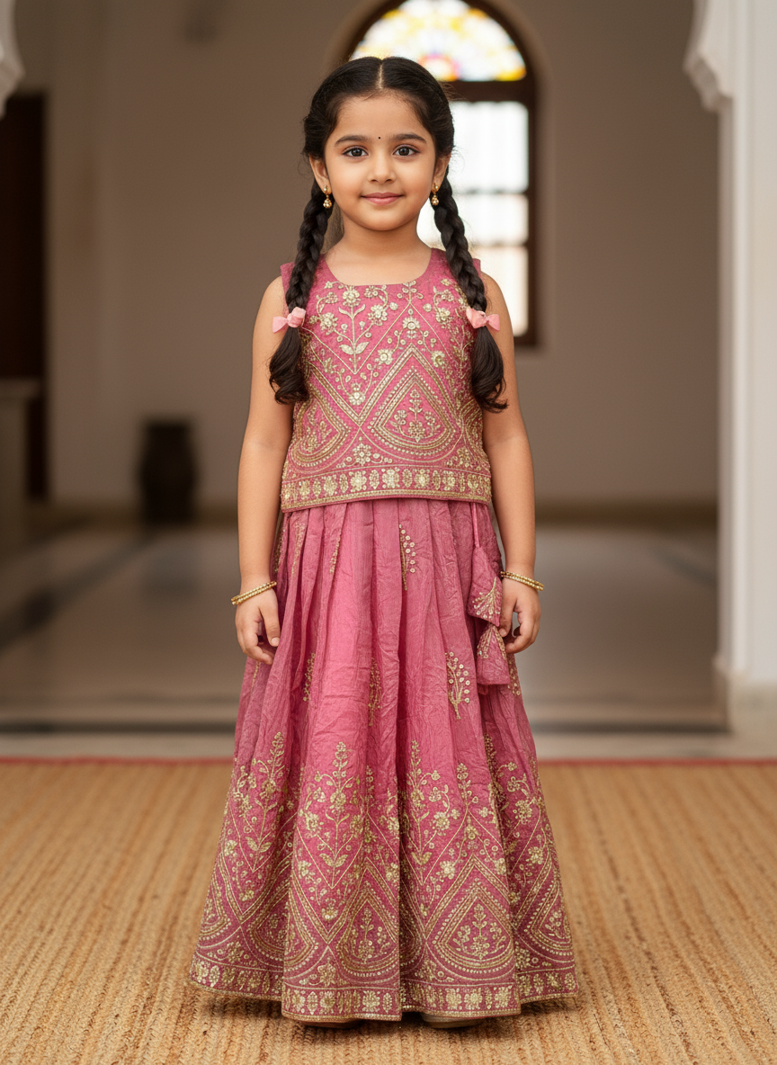 Kids Designer Lahenga Choli – Gold Crush Embroidery Work | Festive & Party Wear