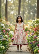 Kids Flower Print Gown – Pure Tussar Silk with Embroidery Cutwork & Net Frill | Party & Festive Wear