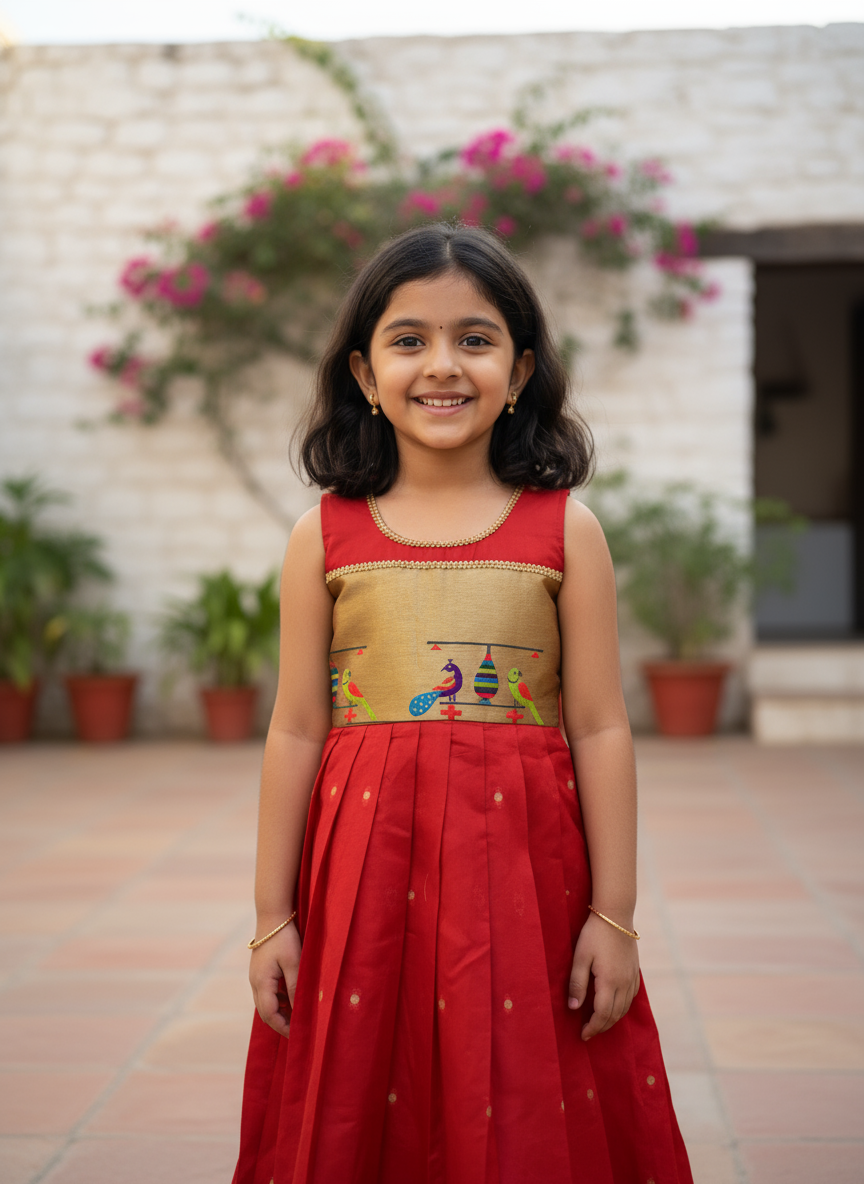 Kids Banarasi Jacquard Paithani Gown – Traditional Zari Weave | Festive Wear