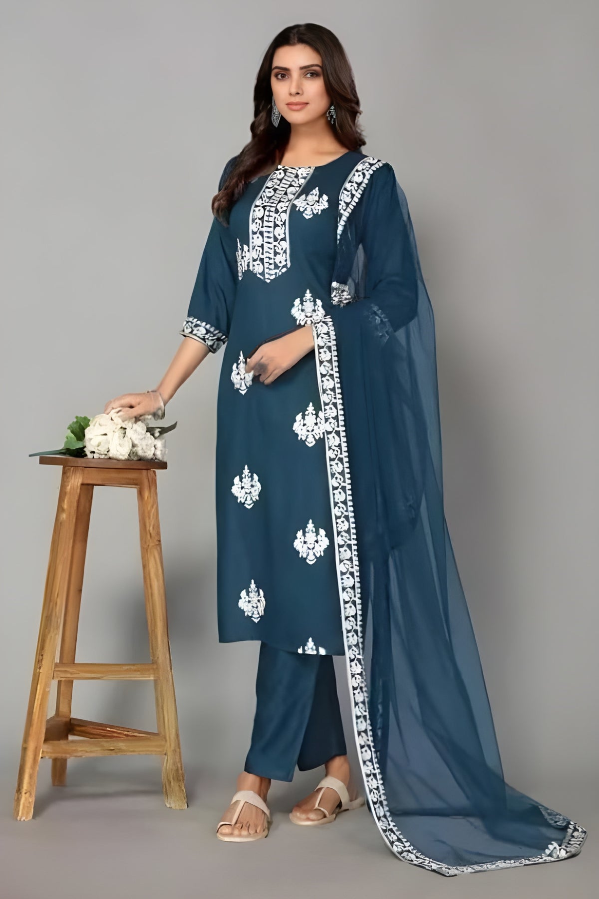 Payal Blue Embroidered Kurti with Pant & Dupatta Set | Biscuit Cotton | Premium Quality