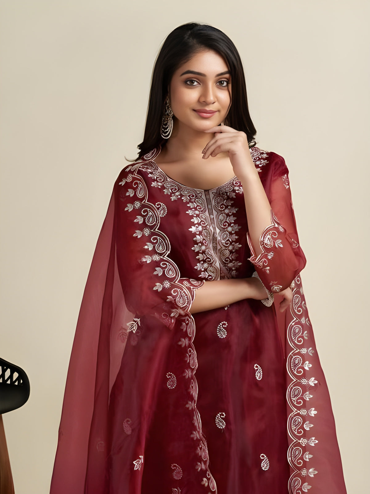 Bit-Butta Embroidery Lace Border Kurti with Pant & Dupatta Set | Organza Fabric | Festive Collection
