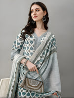 Viha Green Printed Kurti with Pant & Dupatta Set | Biscuit Cotton | Premium Festive Wear