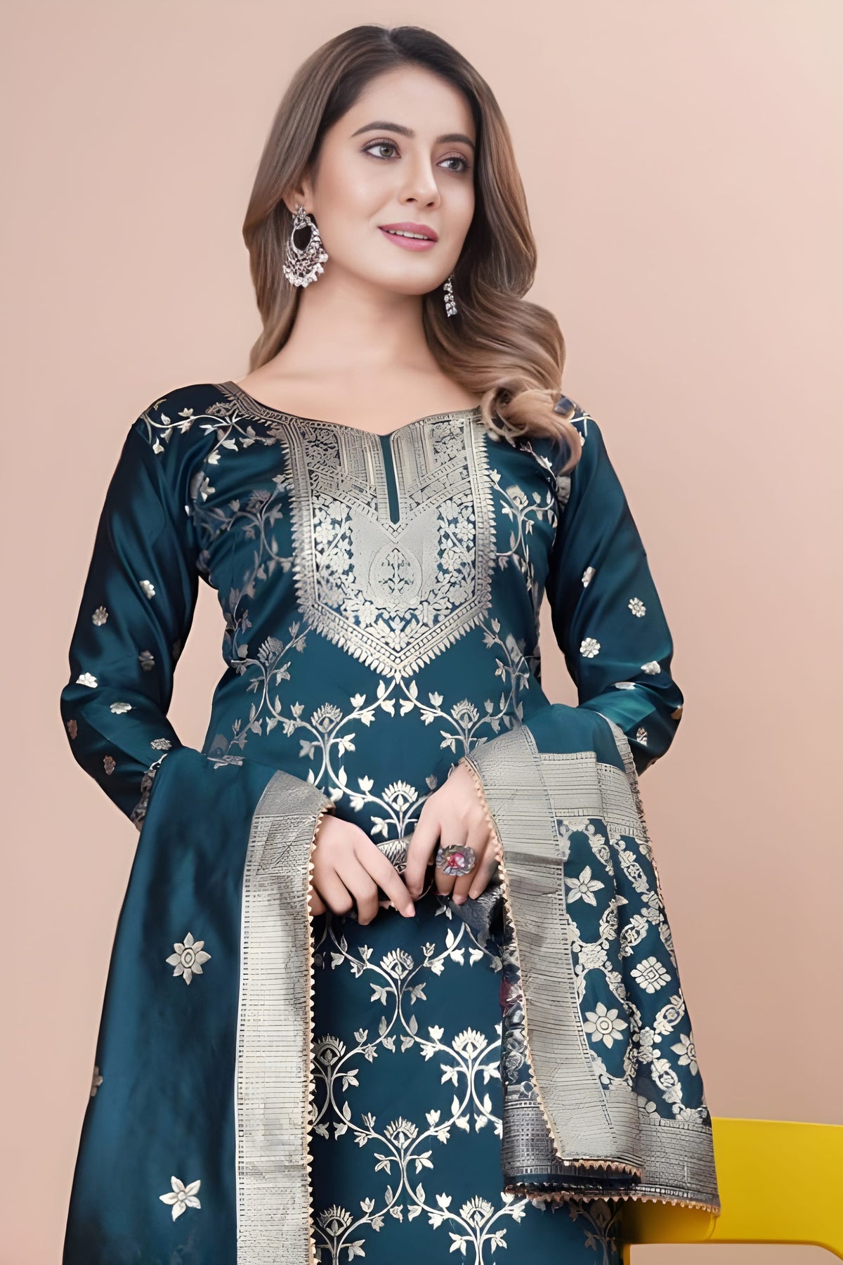 Zara Wine Jacquard Kurti with Pant & Dupatta Set | Free Size | Super Heavy Premium Quality