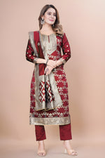 Zara Wine Jacquard Kurti with Pant & Dupatta Set | Free Size | Super Heavy Premium Quality