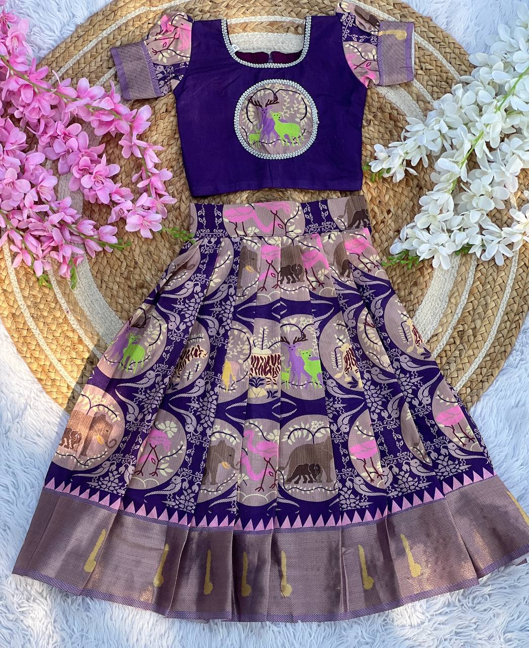 Kids Cotton Lehenga Choli with Border Thread Work | Adjustable Drawstring